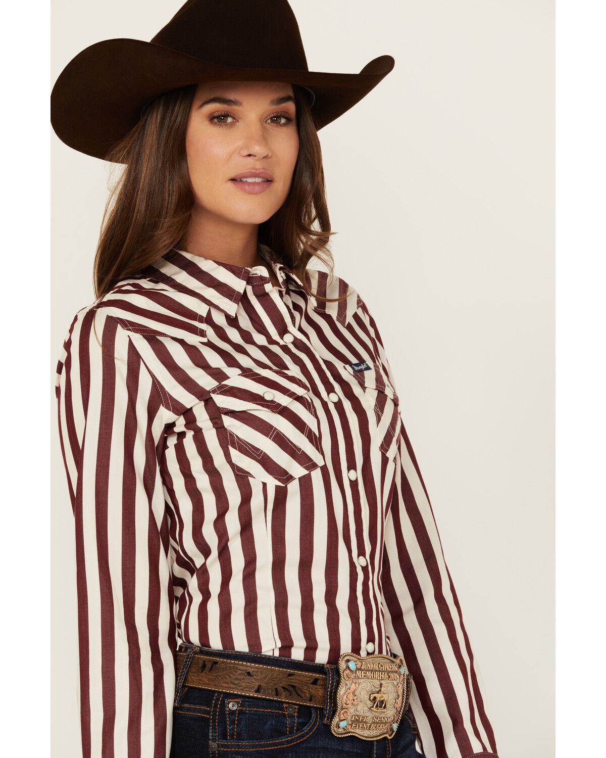 Image #3 - Wrangler Retro Women's Striped Long Sleeve Snap Western Shirt, Burgundy, hi-res