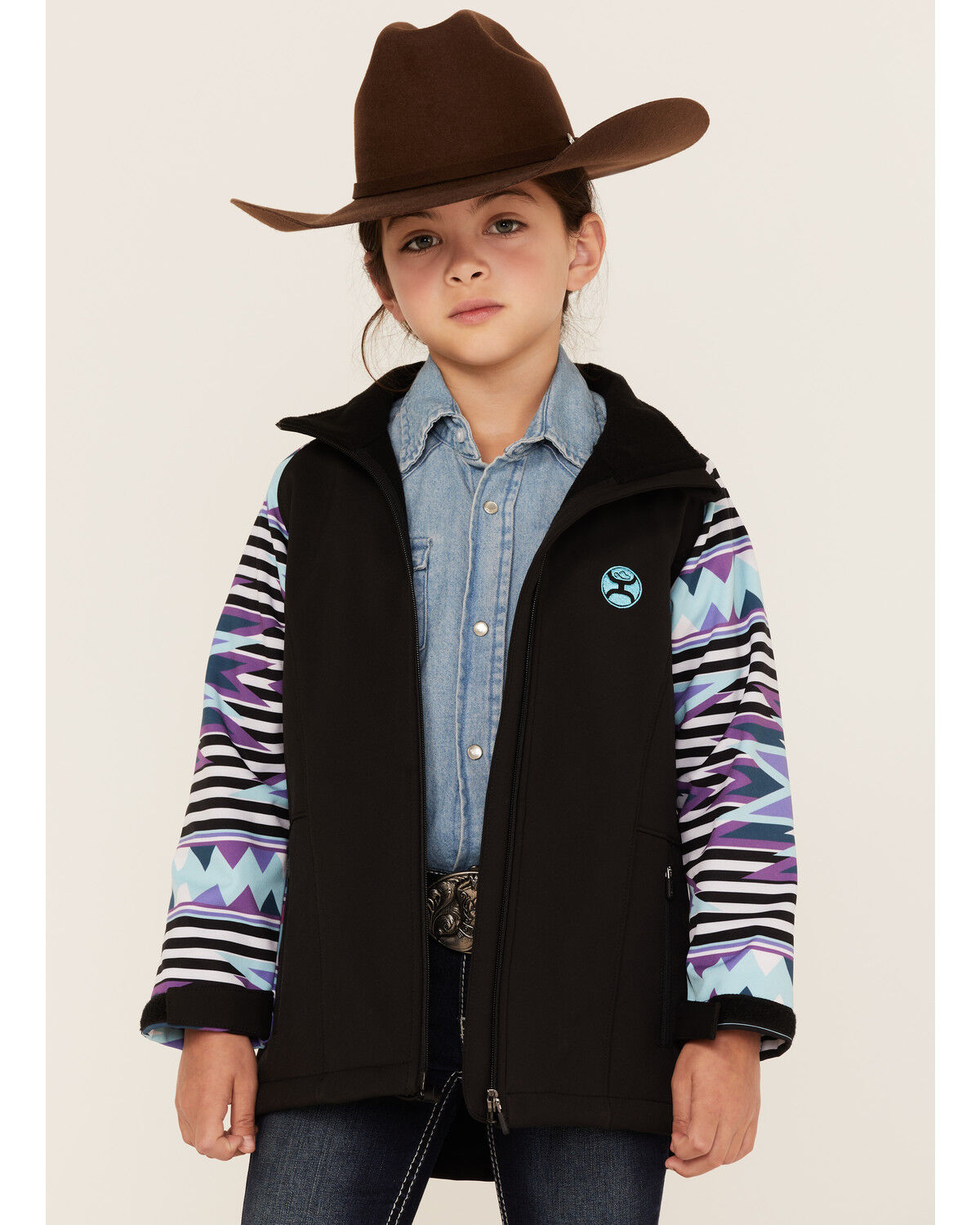 Image #1 - Hooey Girls' Southwestern Print Sleeve Zip-Front Softshell Jacket, Black, hi-res