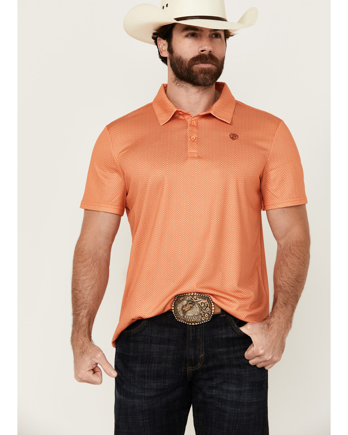 Image #1 - Rock & Roll Denim Men's Geo Print Short Sleeve Stretch Polo Shirt, Orange, hi-res