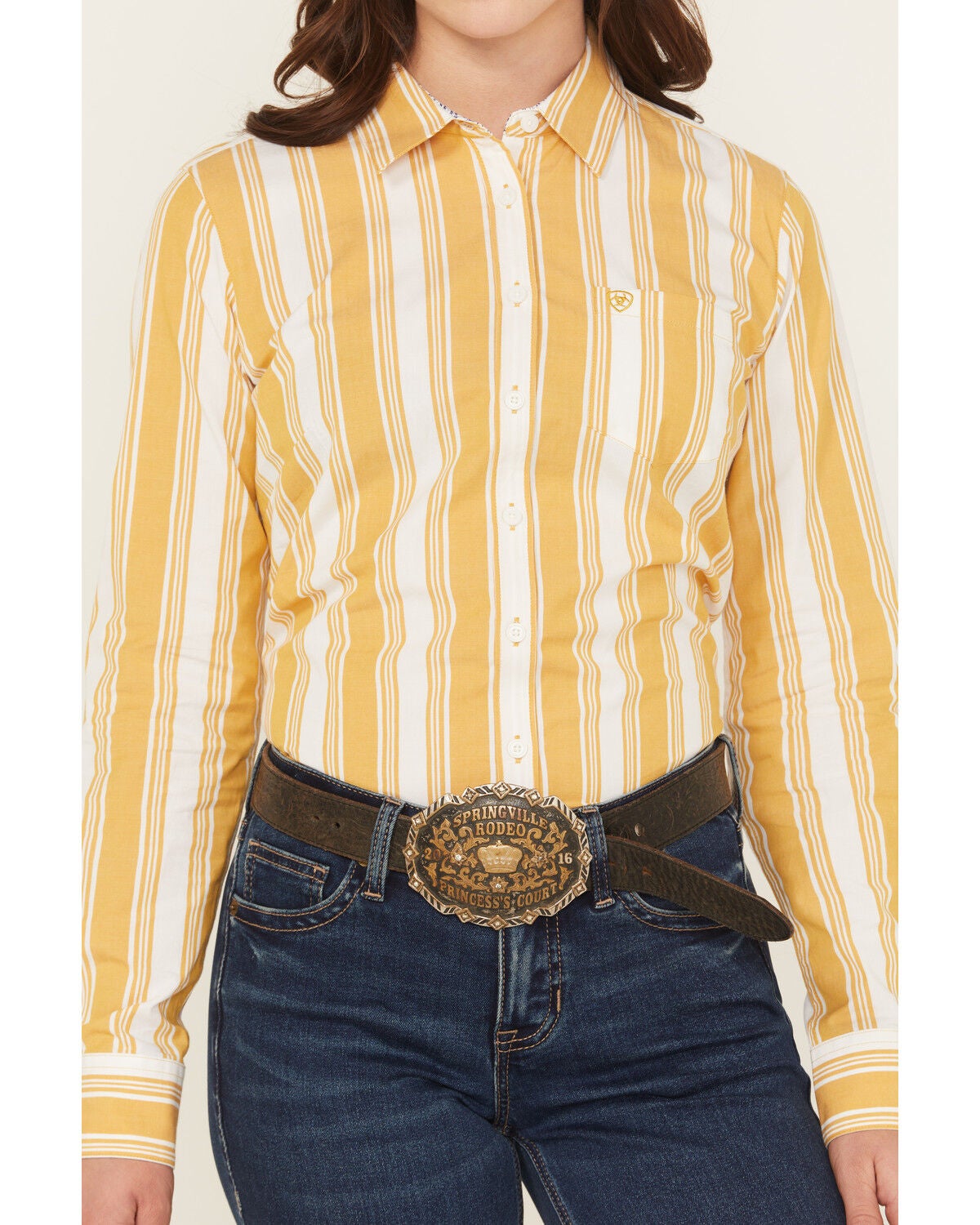Image #3 - Ariat Women's Kirby Striped Print Long Sleeve Button-Down Stretch Western Shirt, Yellow, hi-res