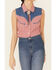 Panhandle Women's Small Gingham Chambray Yoke Sleeveless Snap Western Shirt, Red/white/blue, hi-res