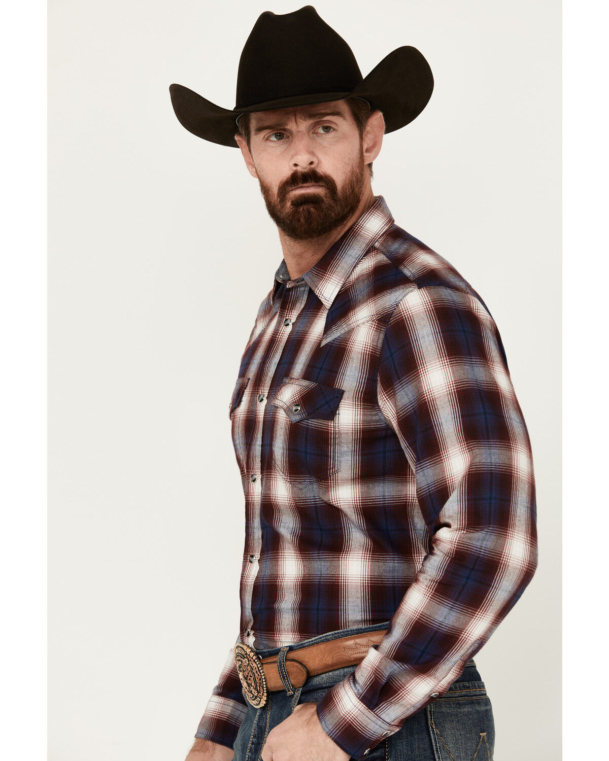 Image #2 - Cody James Men's Uncle Sam Plaid Print Long Sleeve Snap Western Shirt, Navy, hi-res
