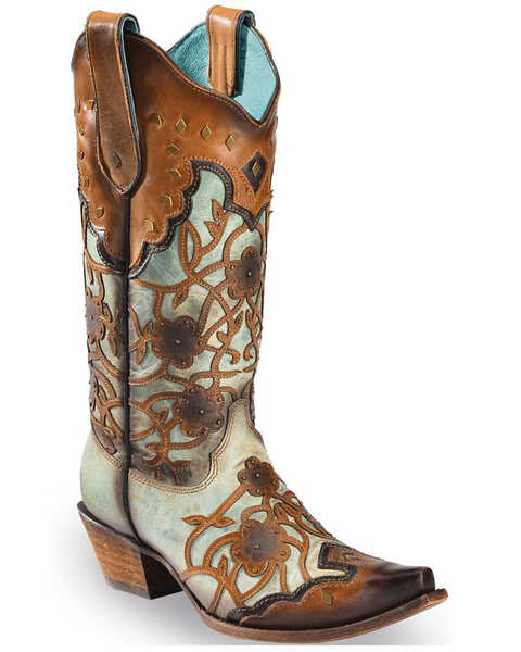 Corral Women's Flowers Overlay & Studs Western Boots - Snip Toe, Brown, hi-res