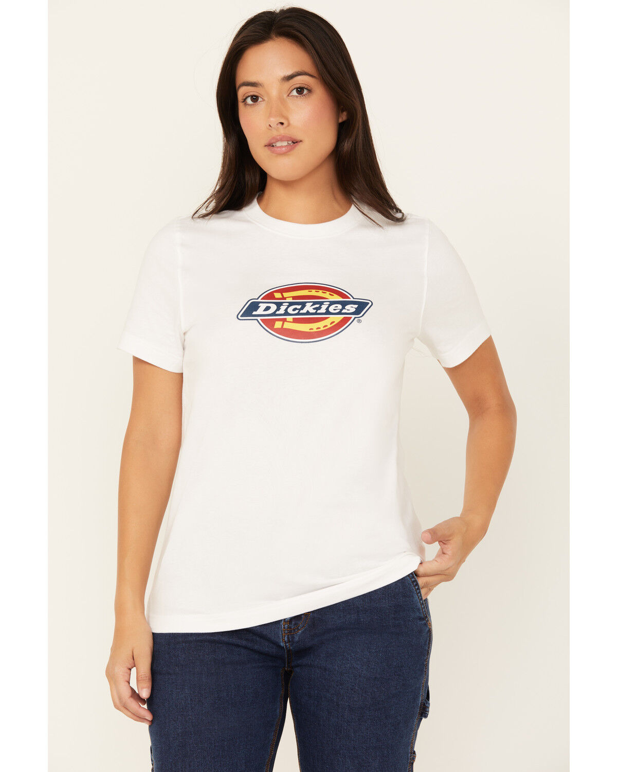Image #1 - Dickies Women's Tri-Color Logo Short Sleeve Tee, White, hi-res
