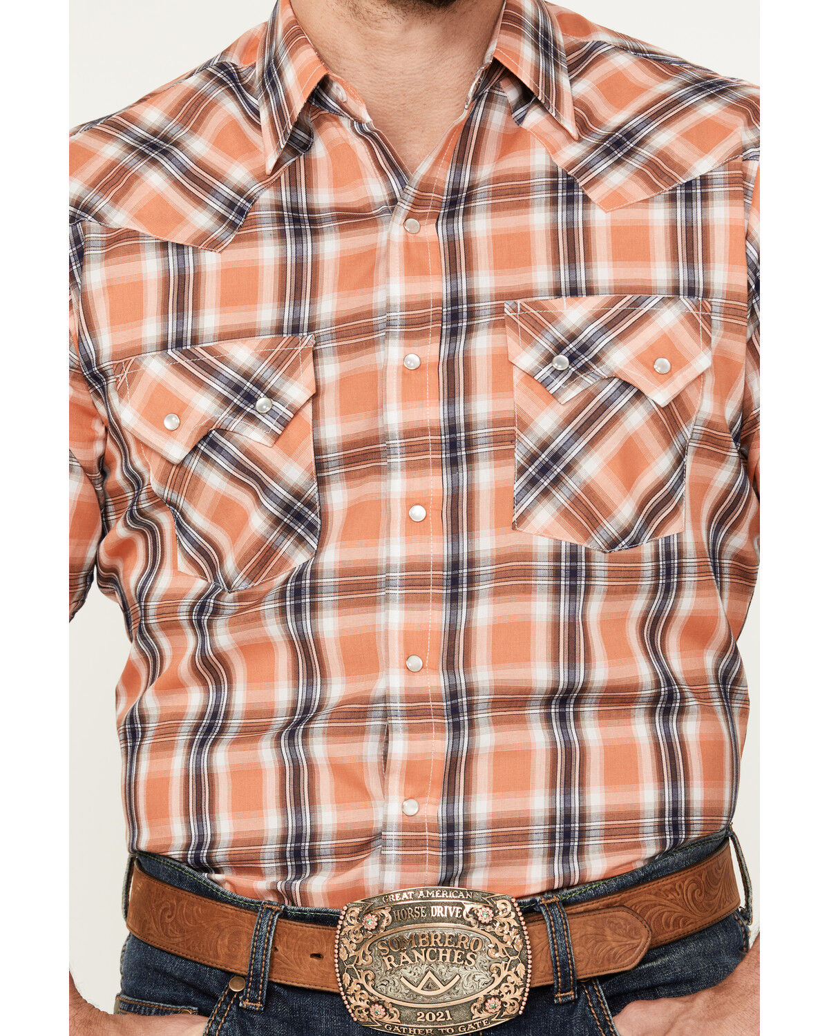 Image #3 - Ely Walker Men's Plaid Print Short Sleeve Pearl Snap Western Shirt, Orange, hi-res