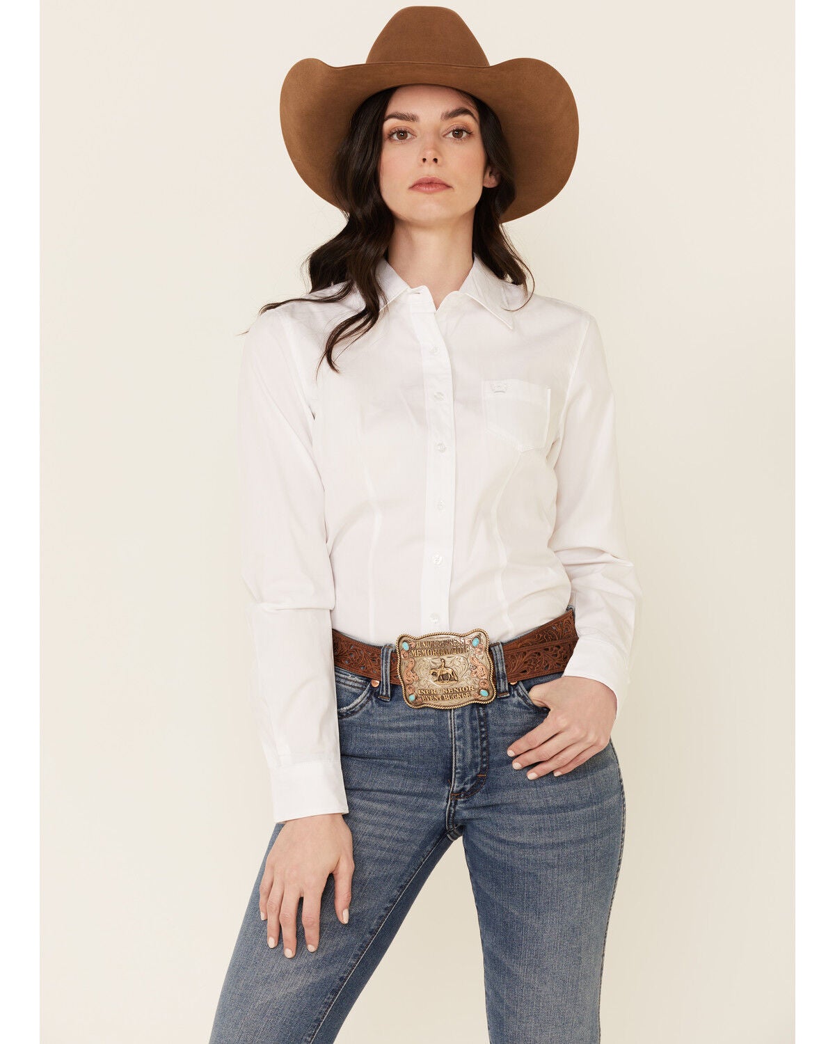 Cinch Women's Solid Long Sleeve Button Down Western Shirt, White, hi-res