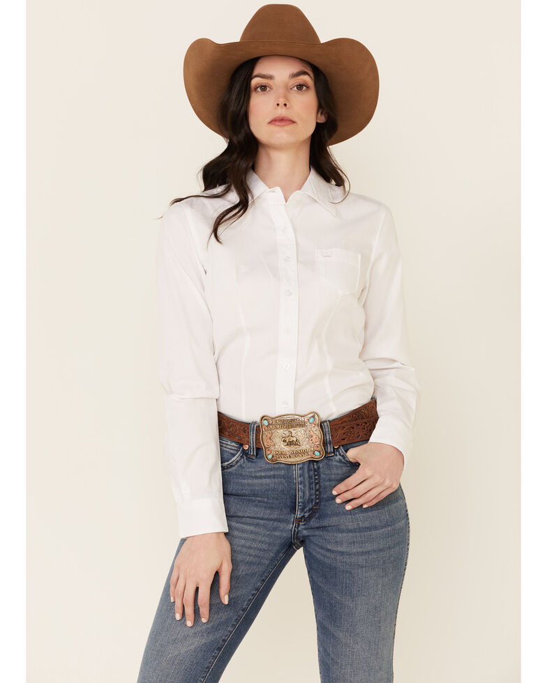 Cinch Women's Solid White Button Down Western Shirt, White, hi-res