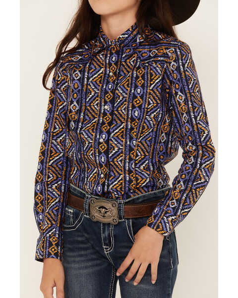 Image #3 - Cruel Girl Girls' Southwestern Stripe Print Long Sleeve Snap Western Shirt, Navy, hi-res