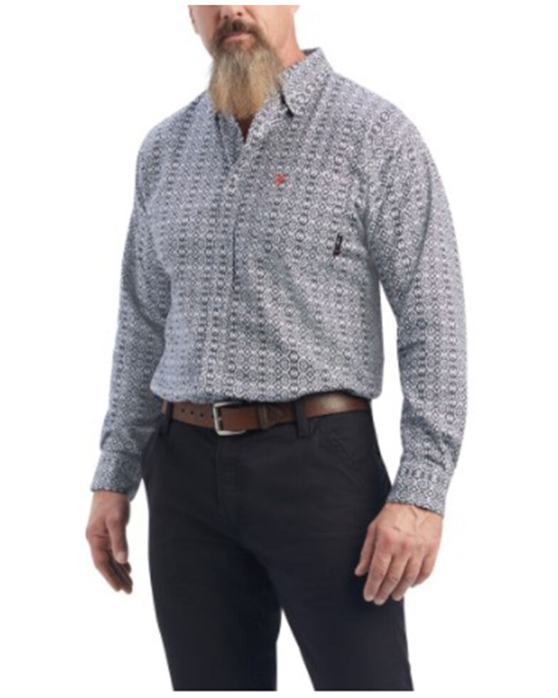 Ariat Men's FR Griffey Geo Print DuraStretch Button-Down Work Shirt - Big & Tall, Black, hi-res