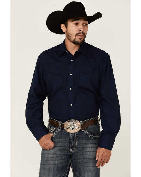 Roper Men's Solid Embroidered Yoke Long Sleeve Snap Western Shirt , Blue, hi-res