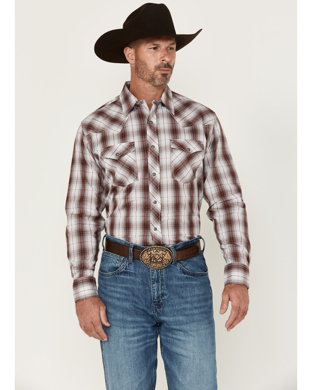 Image #1 - Wrangler 20X Men's Plaid Print Long Sleeve Snap Stretch Western Shirt - Tall, Wine, hi-res