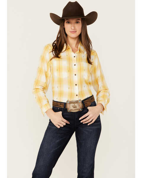 Image #1 - Ariat Women's R.E.A.L Billie Jean Cactus Plaid Print Long Sleeve Button-Down Western Shirt , Yellow, hi-res