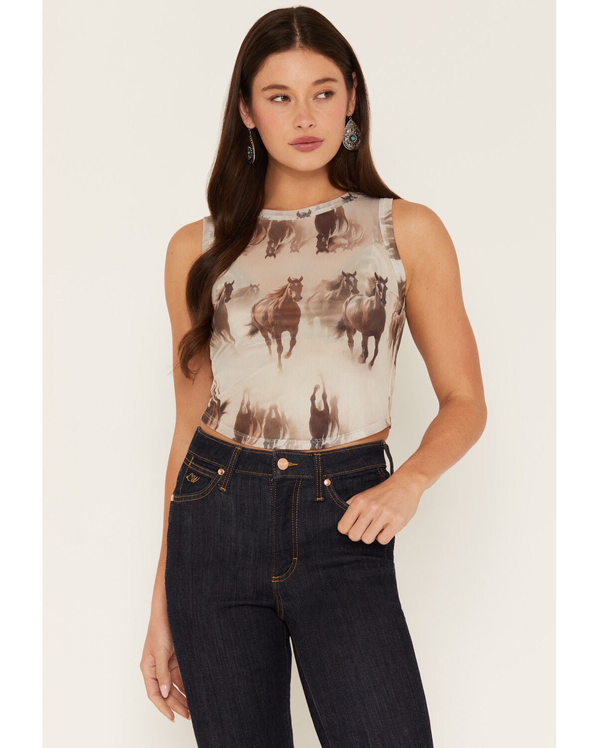 Image #1 - Youth In Revolt Women's Running Horse Mesh Tank Top, Tan, hi-res