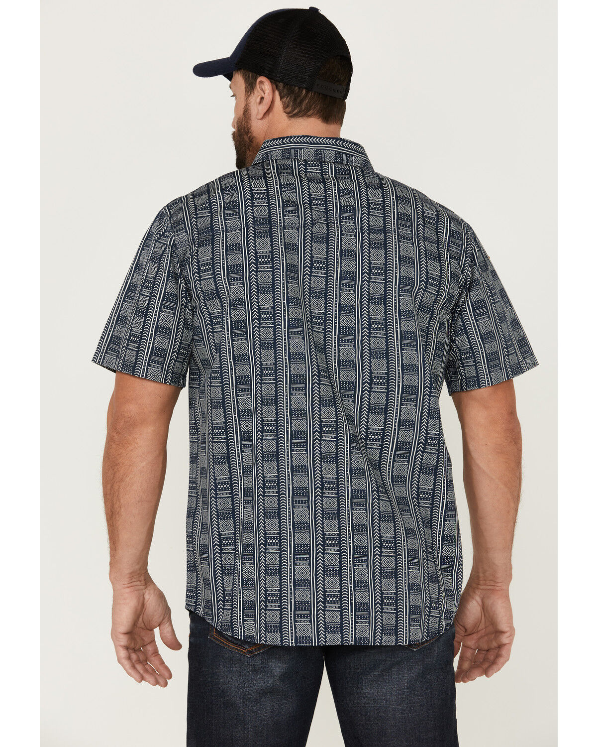 Image #4 - Moonshine Spirit Men's Tikki Pole Southwestern Stripe Short Sleeve Snap Western Shirt, Navy, hi-res