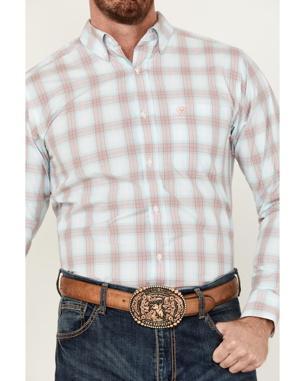 Image #3 - Ariat Men's Pro Series King Plaid Print Long Sleeve Button-Down Western Shirt, Light Blue, hi-res