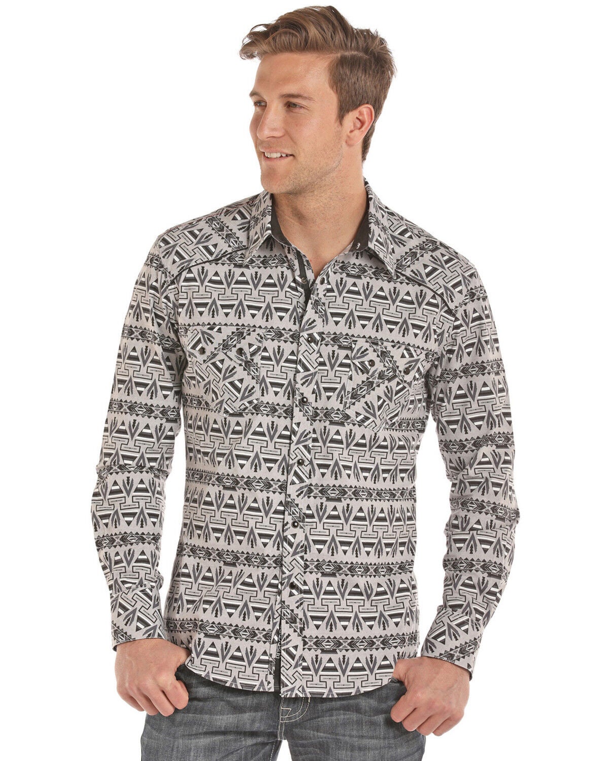 Rock & Roll Denim Men's Southwestern Chambray Print Long Sleeve Western Shirt, Black, hi-res