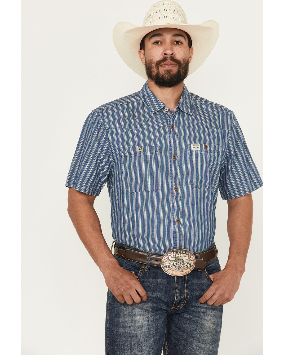 Image #1 - Kimes Ranch Men's Shifter Striped Print Short Sleeve Button-Down Western Shirt, Indigo, hi-res