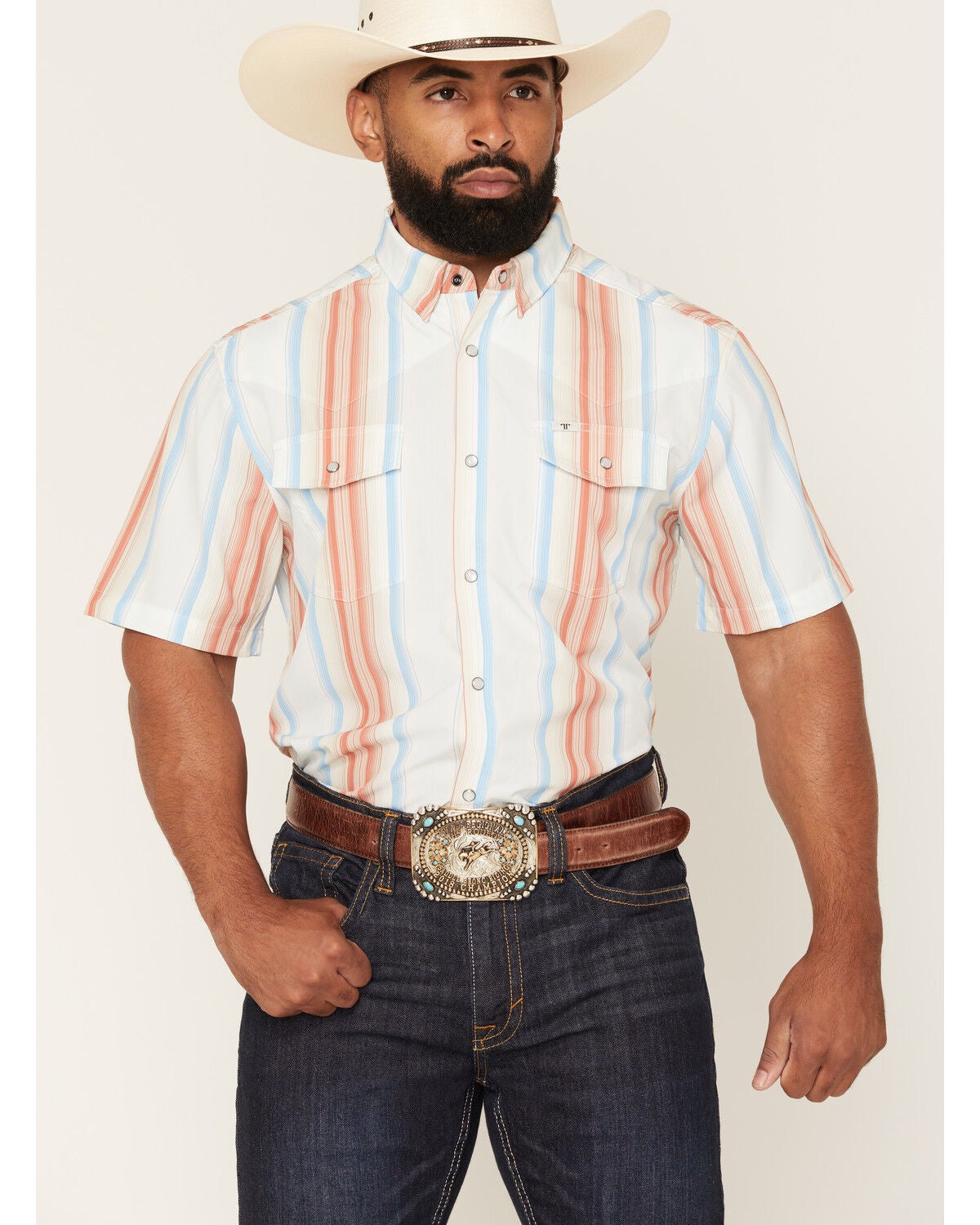 Ferrell Men's Tek Harrison Striped Print Short Sleeve Snap Performance Western Shirt, White, hi-res