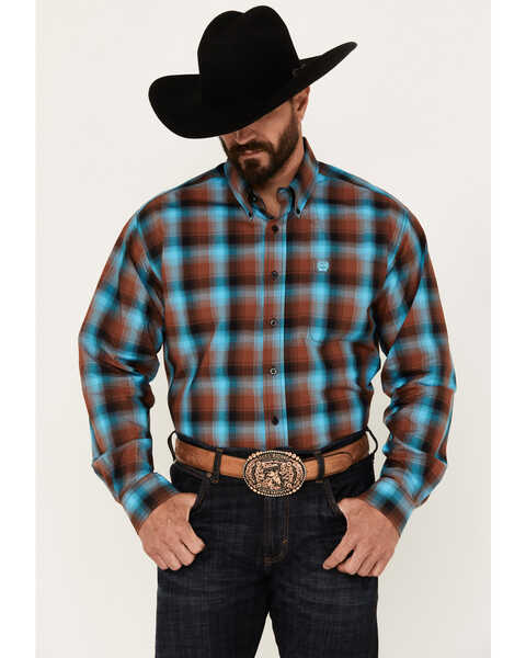 Image #1 - Cinch Men's Ombre Plaid Print Long Sleeve Button-Down Western Shirt , Brown/blue, hi-res