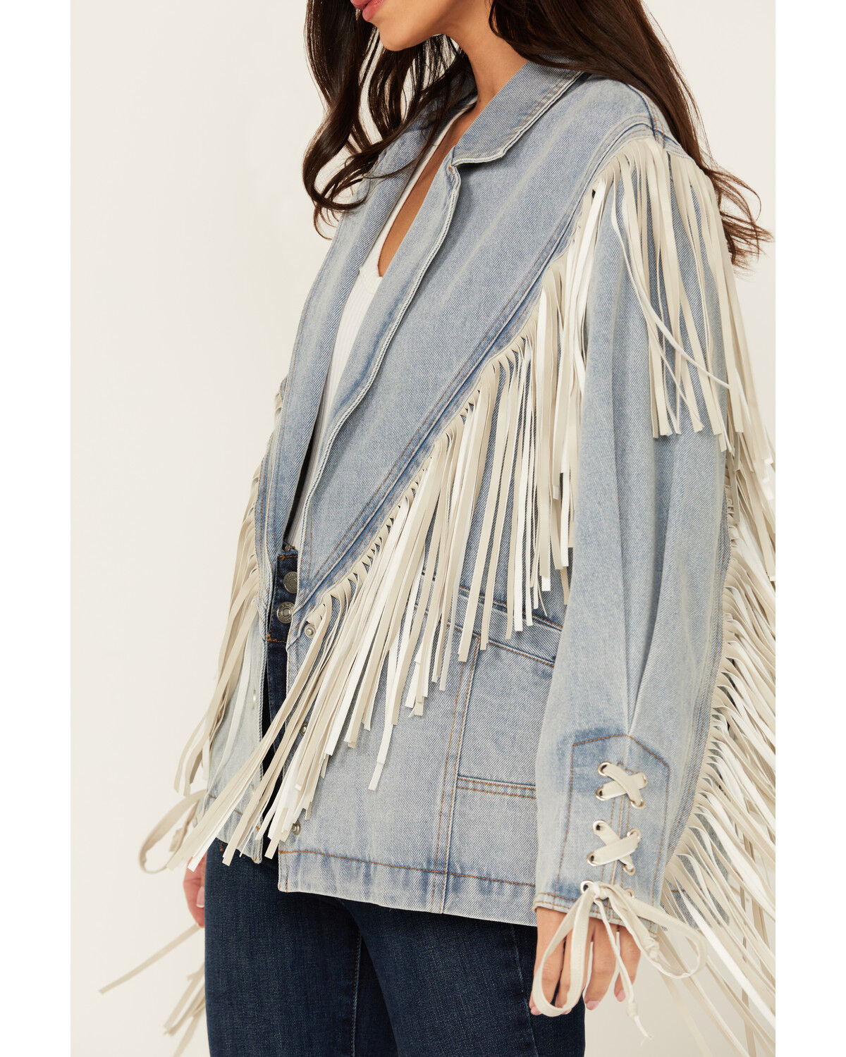 Image #3 - Saints & Hearts Women's Light Wash Denim Fringe Blazer, Blue, hi-res