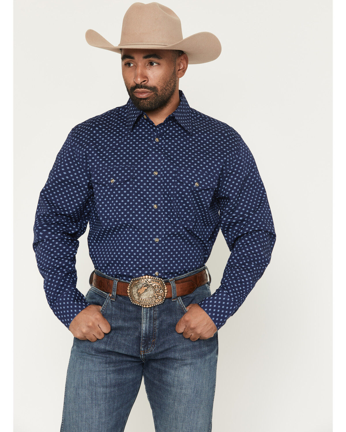 Image #1 - Wrangler 20X Men's Geo Print Long Sleeve Snap Stretch Western Shirt, Blue, hi-res
