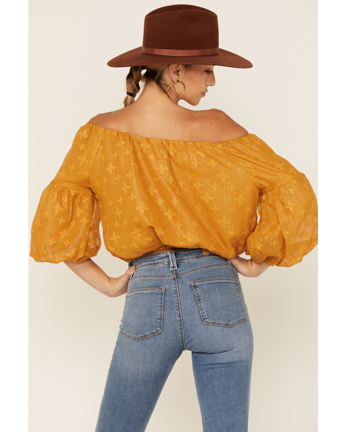Image #3 - Flying Tomato Women's Mustard Textured Off The Shoulder Crop Top, Mustard, hi-res