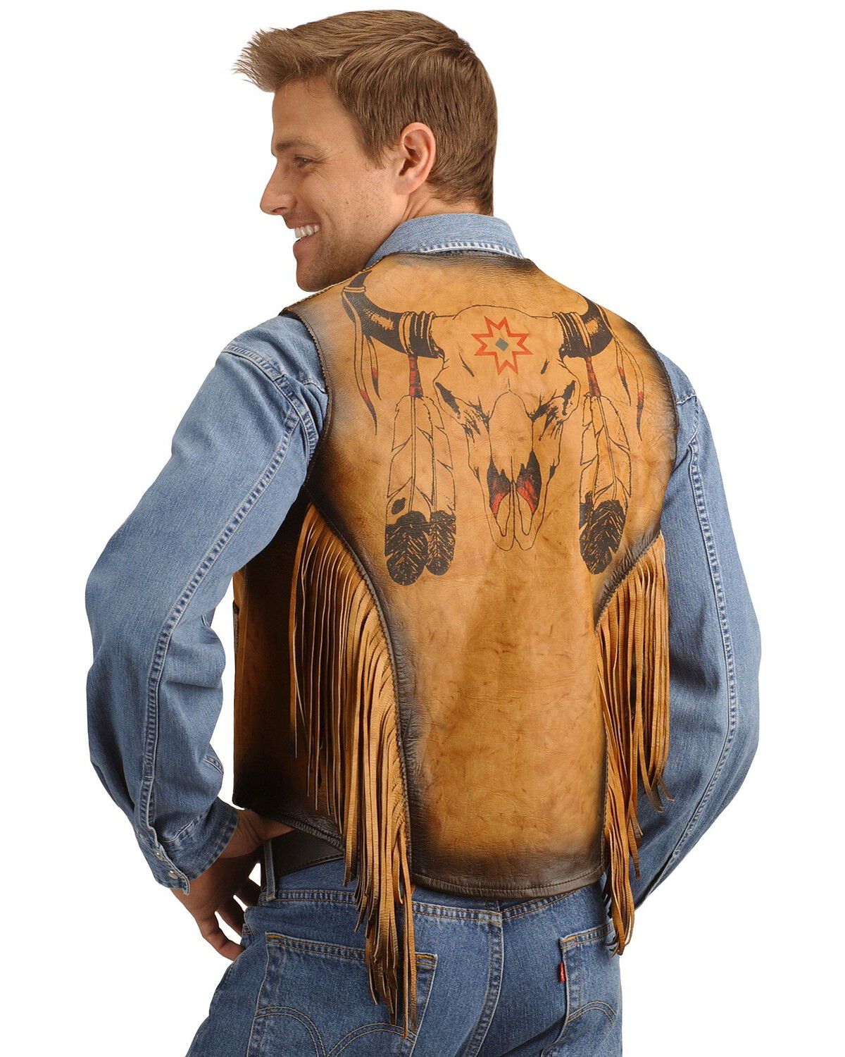 Kobler Leather Vest with Bull Skull Design, Beige, hi-res