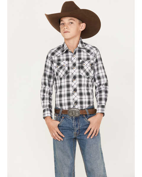 Wrangler Boys' Retro Plaid Print Long Sleeve Snap Western Shirt, White, hi-res