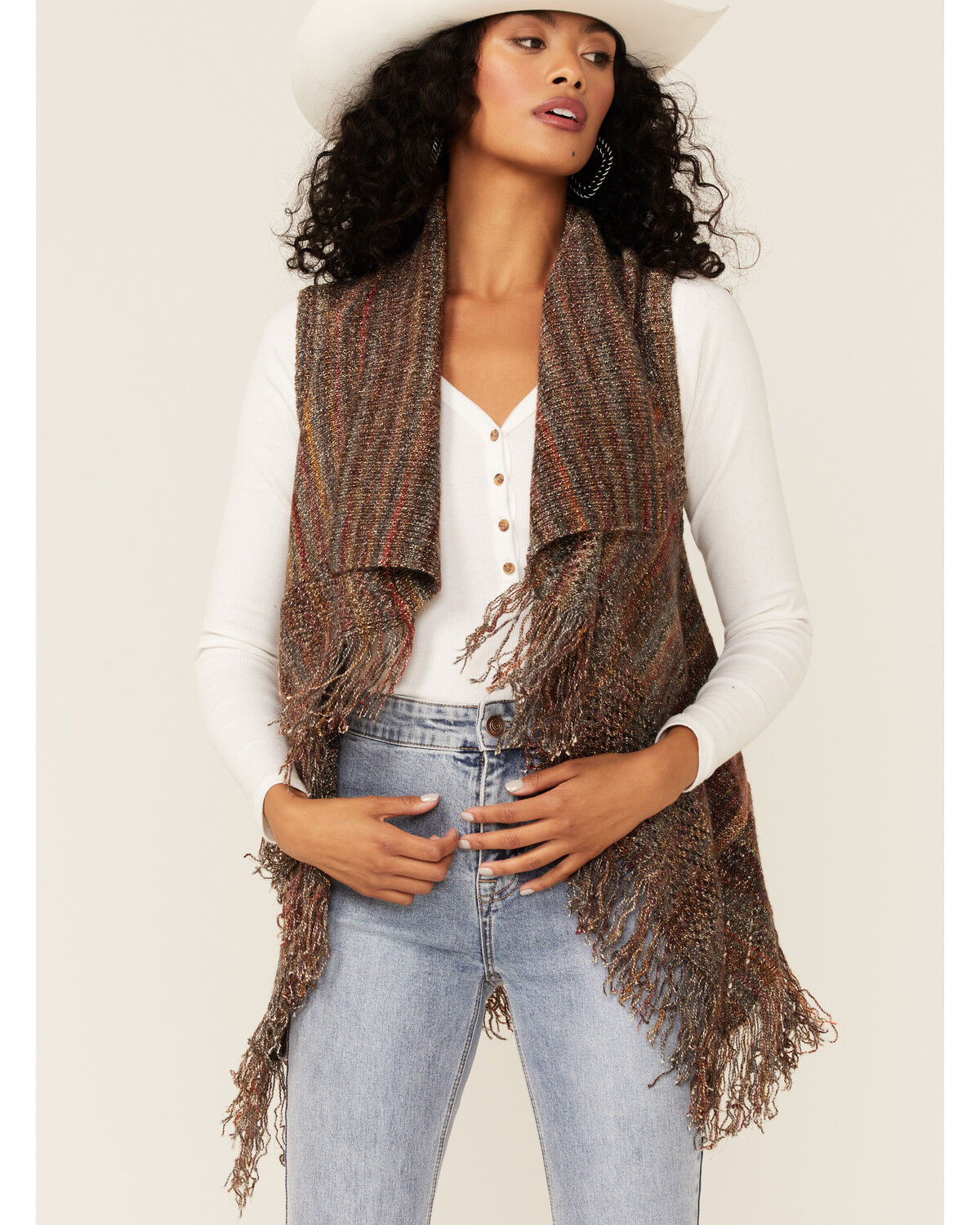 Image #1 - Shyanne Women's Charcoal Marled Sleeveless Sweater Fringe Vest, Charcoal, hi-res