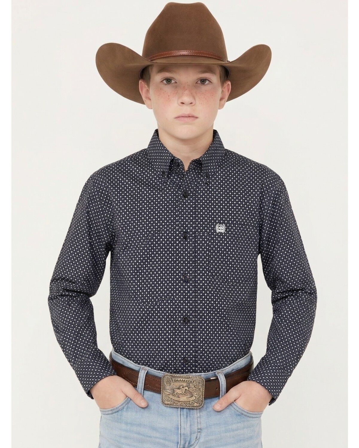 Cinch Boys' Geo Print Long Sleeve Button-Down Western Shirt, Black, hi-res
