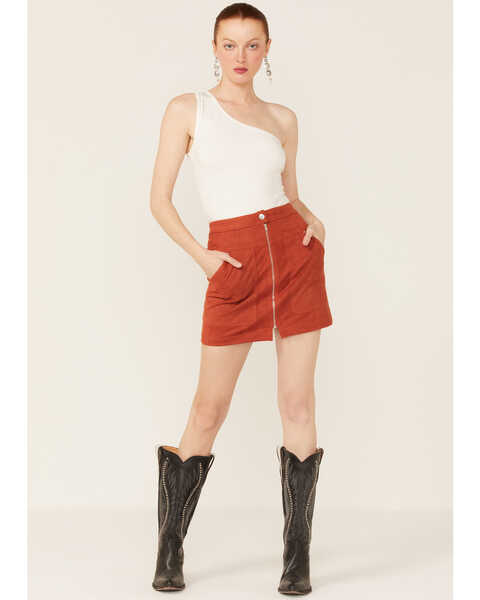 Paper Crane Women's Faux Suede Zipper Front Skirt, Rust Copper, hi-res