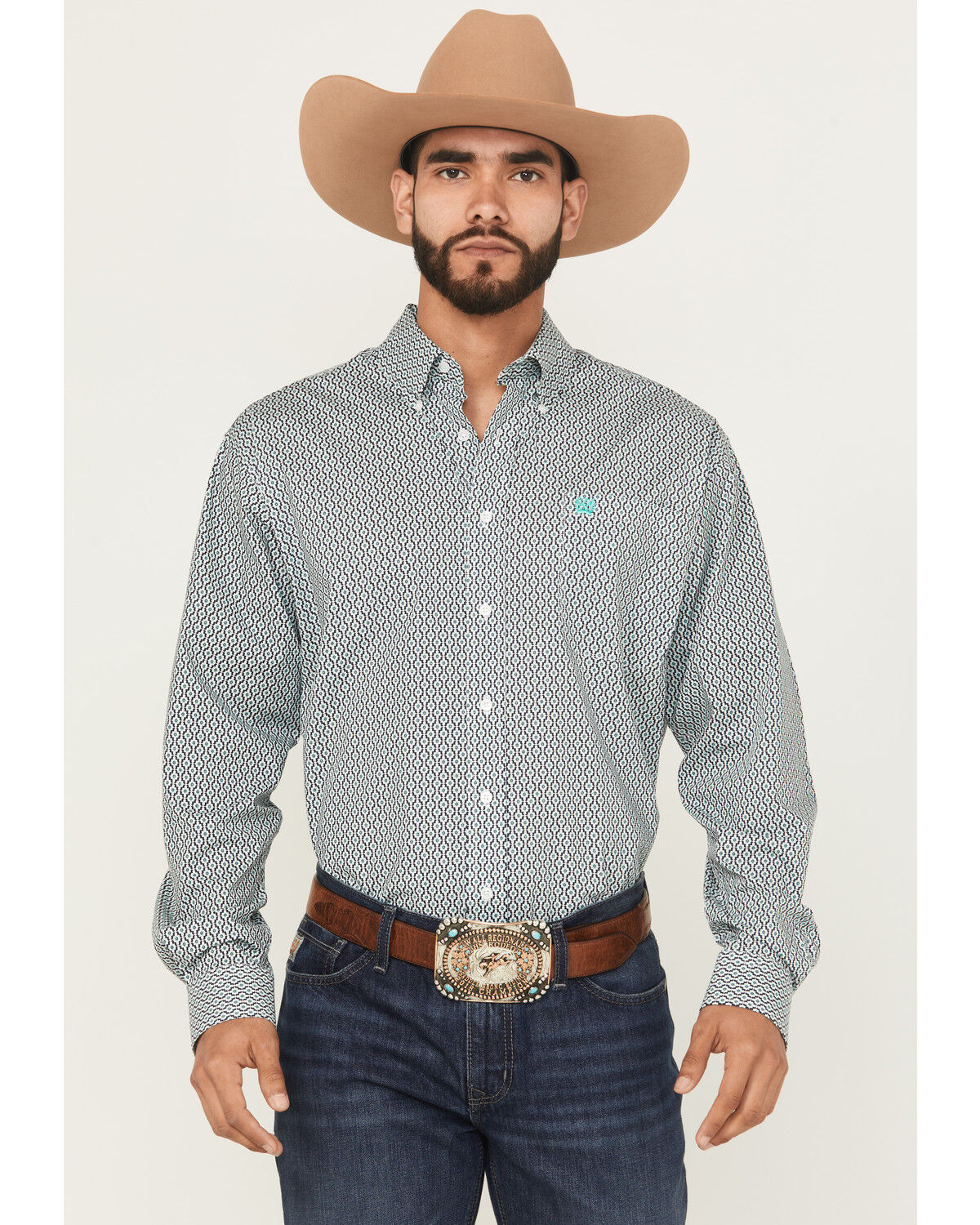 Image #1 - Cinch Men's Geo Print Long Sleeve Button-Down Western Shirt, White, hi-res