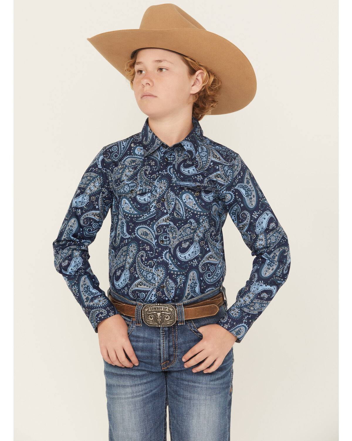 Image #1 - Cody James Boys' Westward Paisley Print Long Sleeve Snap Western Shirt, Navy, hi-res