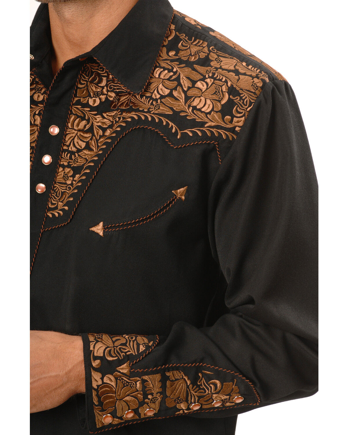 Image #2 - Scully Men's Embroidered Gunfighter Long Sleeve Snap Western Shirt, Black, hi-res