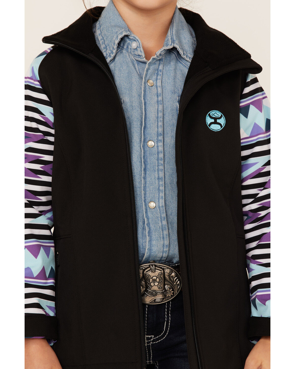 Image #3 - Hooey Girls' Southwestern Print Sleeve Zip-Front Softshell Jacket, Black, hi-res