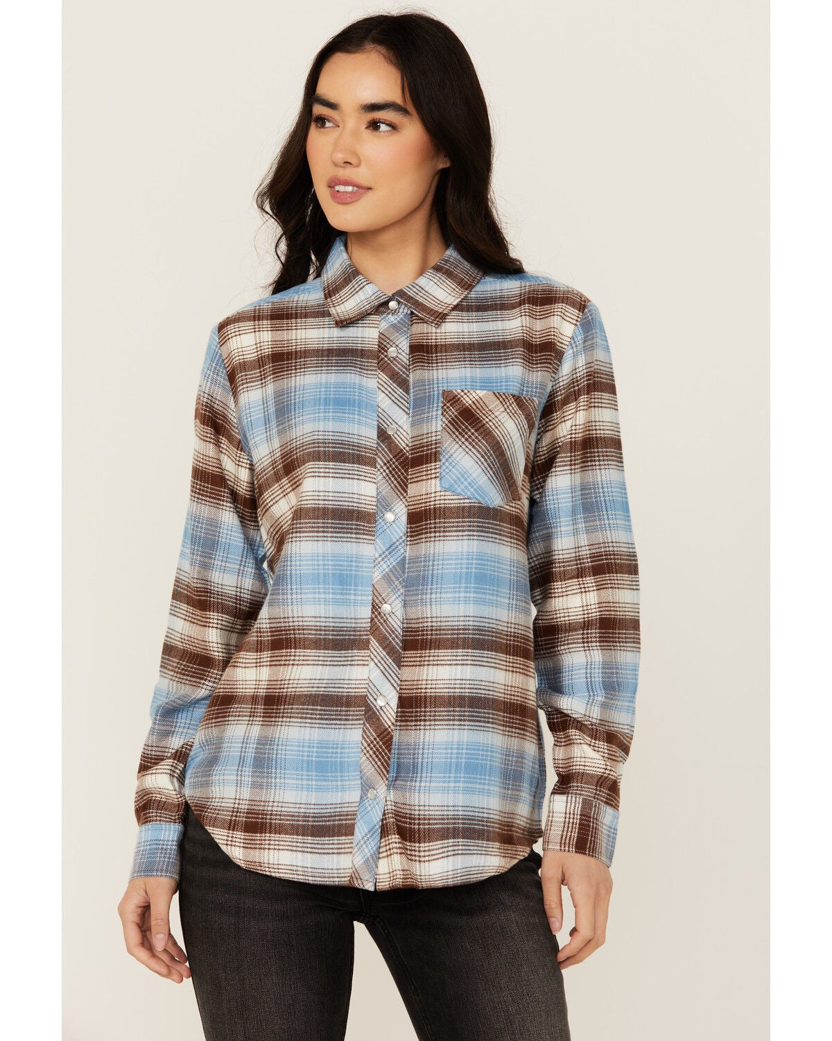 Idyllwind Women's Lane Plaid Print Long Sleeve Snap Flannel Shirt, Light Blue, hi-res