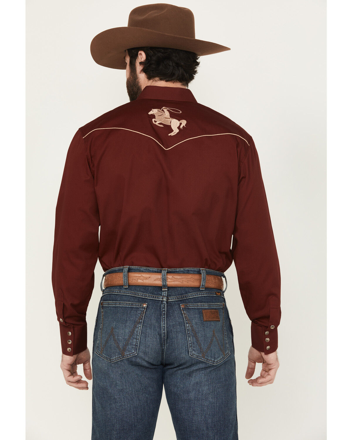 Image #4 - Rodeo Clothing Men's Embroidered Long Sleeve Snap Western Shirt, Burgundy, hi-res