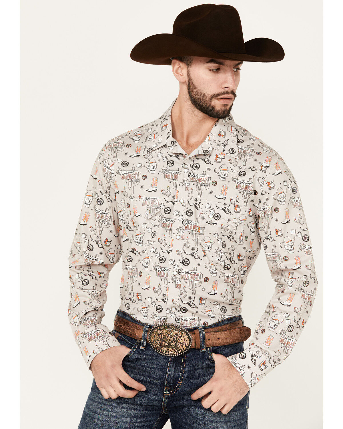 Image #1 - Rock & Roll Denim Men's Tattoo Print Long Sleeve Pearl Snap Stretch Western Shirt, Natural, hi-res