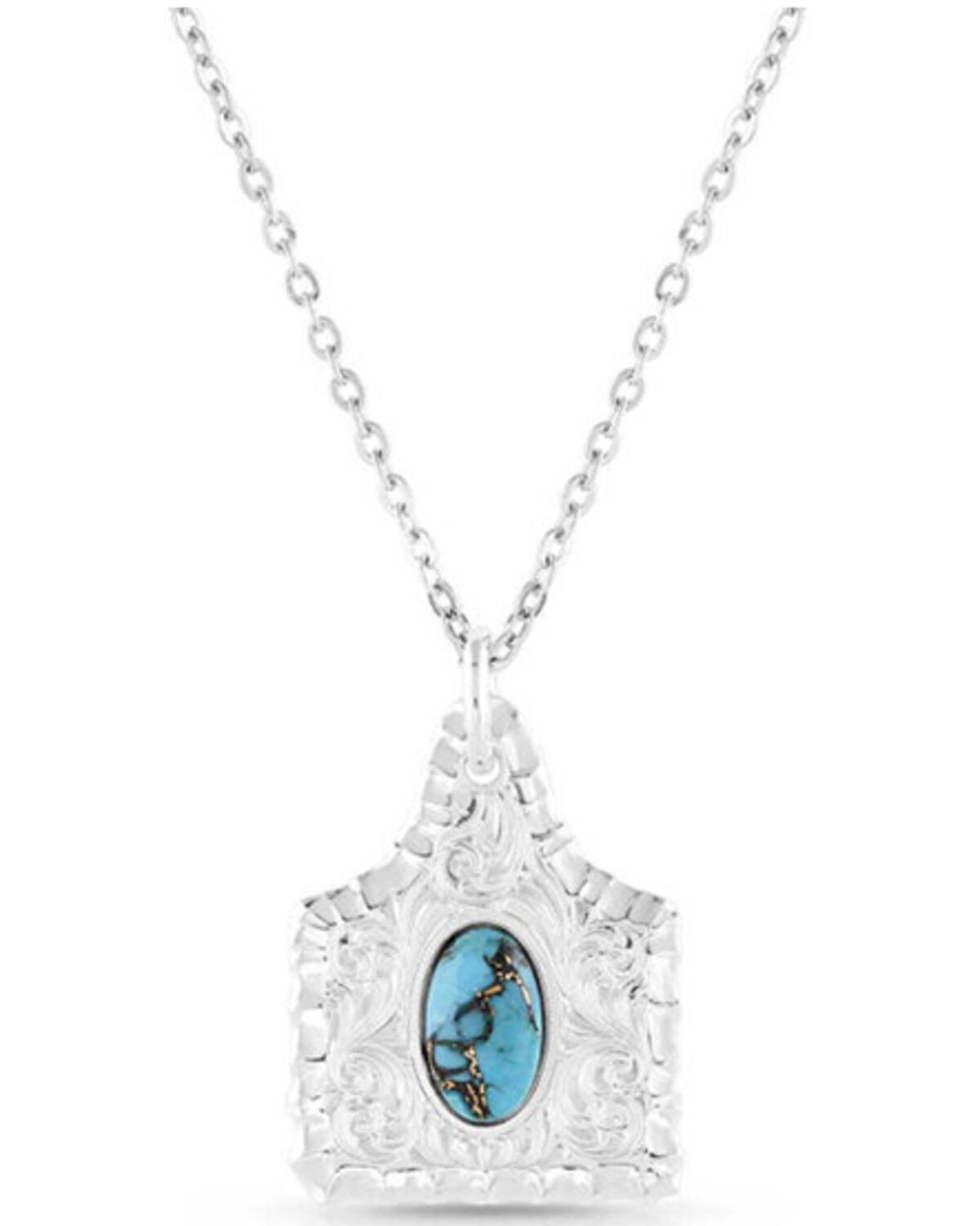 Image #1 - Montana Silversmiths Women's Chiseled Cow Tag Turquoise Necklace, Silver, hi-res
