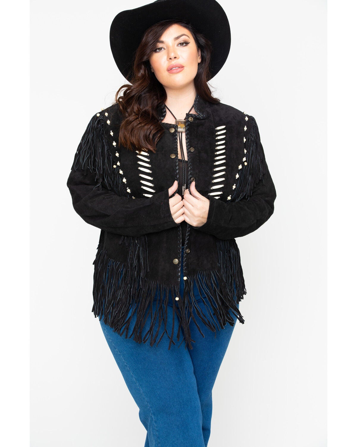 Image #1 - Liberty Wear Bone Bead & Fringe Leather Jacket - Plus, , hi-res