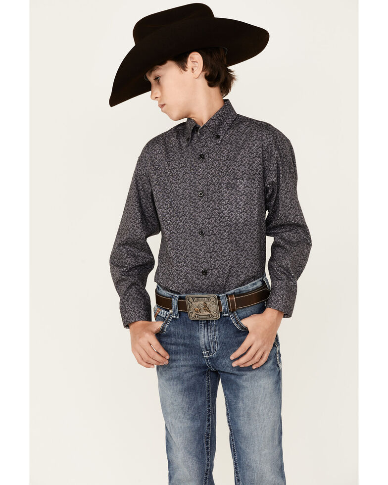 Panhandle Select Boys' Charcoal Novelty Print Long Sleeve Button-Down Western Shirt , Charcoal, hi-res