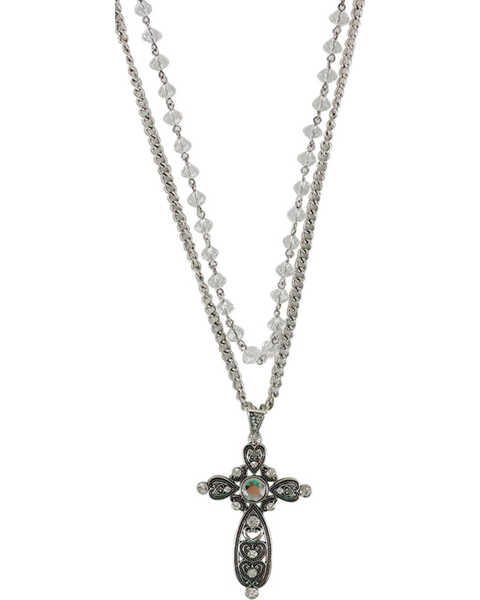 Shyanne Women's Layered Rhinestone Cross Necklace , Silver, hi-res