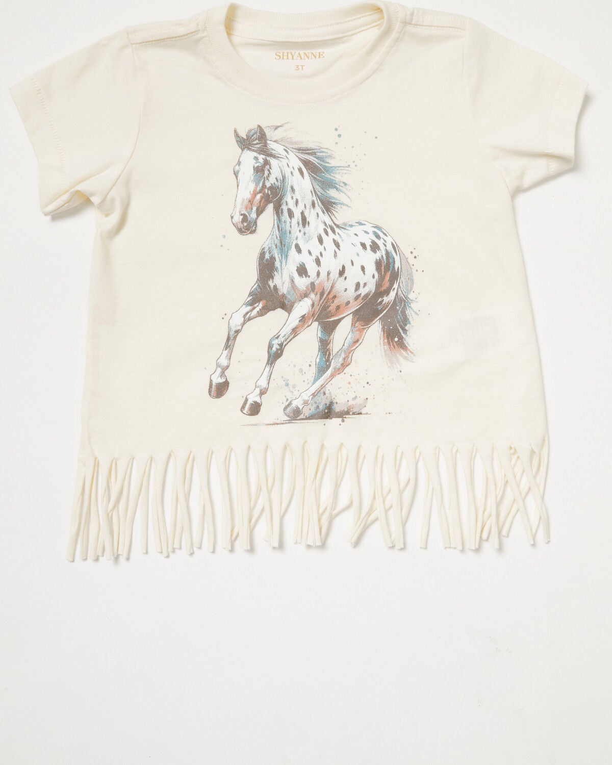Image #1 - Shyanne Toddler Girls' Maisie Spotted Horse Fringe Short Sleeve Graphic Tee, Cream, hi-res