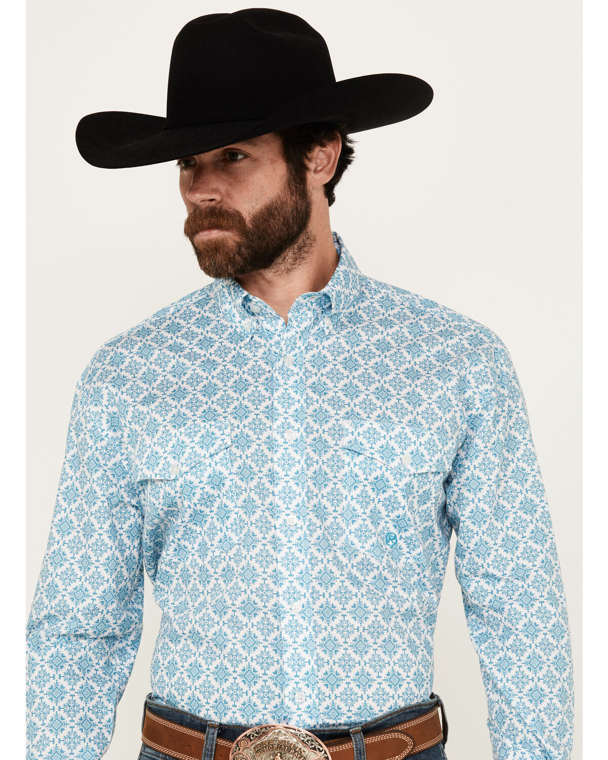 Image #1 - Roper Men's Amarillo Geo Medallion Long Sleeve Button Down Western Shirt, Blue, hi-res