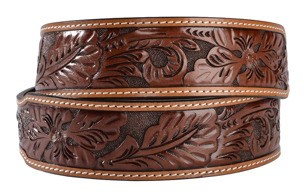 3D Antique Floral Tooled Belt, Brown, hi-res