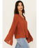 Image #2 - Angie Women's Crochet Notched Long Sleeve Peasant Top, Caramel, hi-res