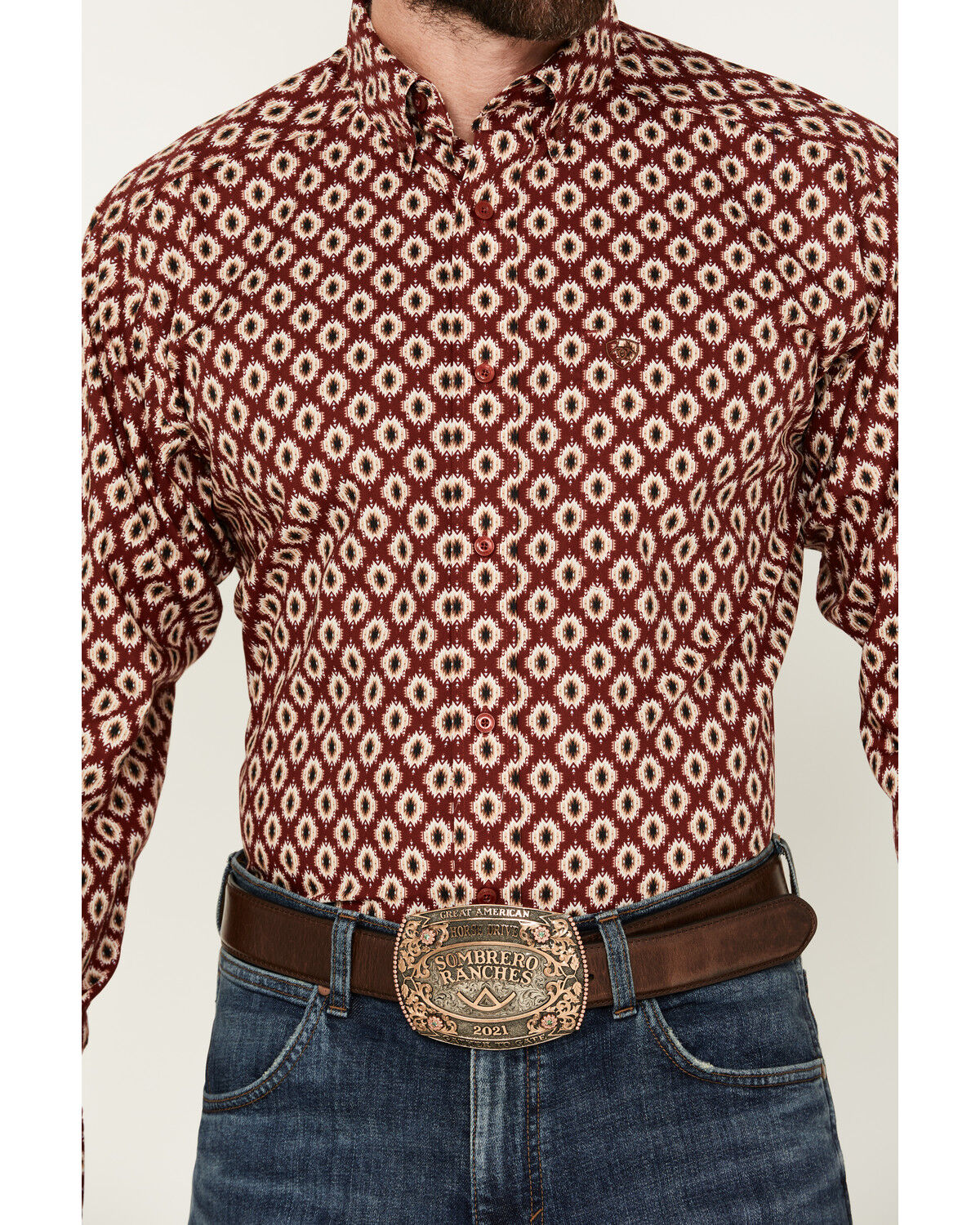 Image #3 - Ariat Men's Nevil Southwestern Print Long Sleeve Button-Down Shirt, Wine, hi-res