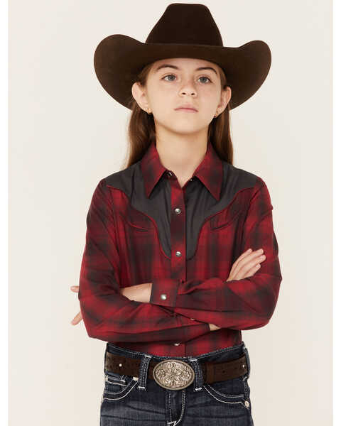 Image #1 - Roper Girls' Fancy Applique Plaid Long Sleeve Snap Western Shirt , Red, hi-res