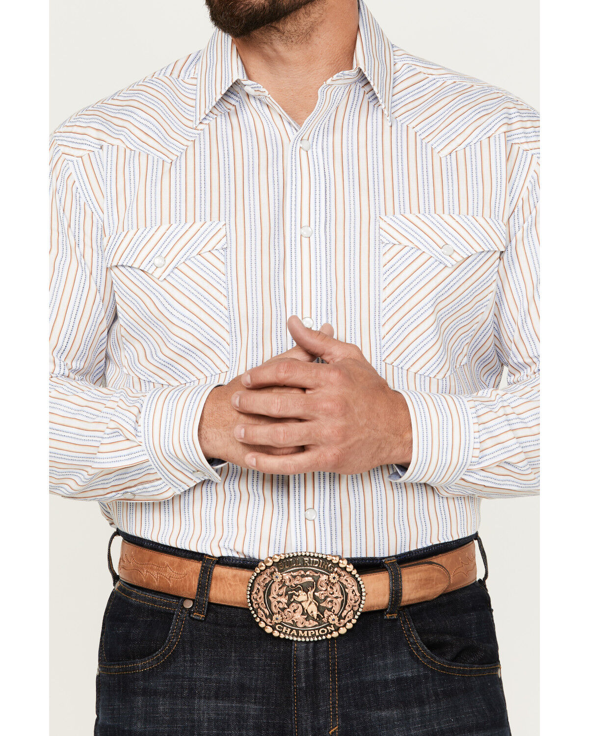 Image #3 - Rough Stock by Panhandle Men's Dobby Striped Print Long Sleeve Pearl Snap Western Shirt, White, hi-res