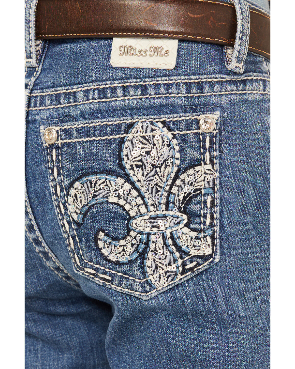 Image #4 - Miss Me Girls' Dark Wash Sequins Fleur de Lis Stretch Bootcut Jeans, Medium Blue, hi-res